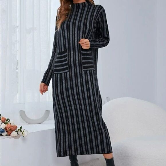 Stripe Pattern Dual Pocket Sweater Dress Without Belt Size M - Picture 3 of 5